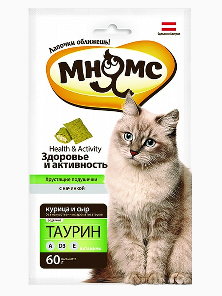 Мнямс хрустящие подушечки для кошек с курицей и сыром "Здоровье и активность" 60 г