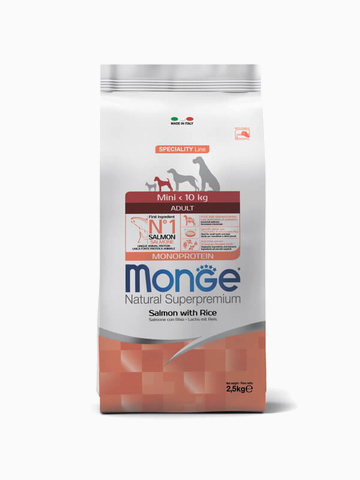 Корм Monge Dog Speciality Mini для взрослых собак мелких пород лосось с рисом, 2.5 кг