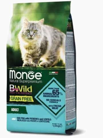 Корм Monge Cat BWild GRAIN FREE беззерновой корм из трески, картофеля и чечевицы для взрослых кошек 1,5 кг