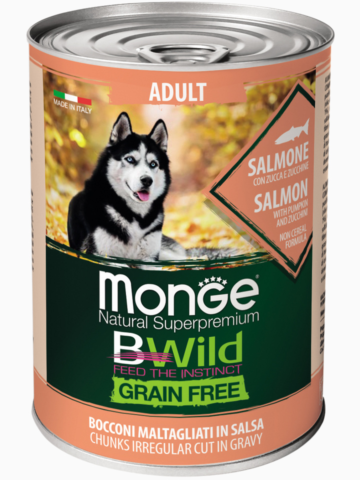 Корм Monge Dog BWild GRAIN FREE беззерновые консервы из лосося с тыквой и кабачками для взрослых собак всех пород 400г