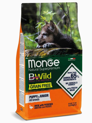 Корм Monge Dog BWild GRAIN FREE беззерновой корм из мяса утки с картофелем для щенков всех пород 2,5 кг