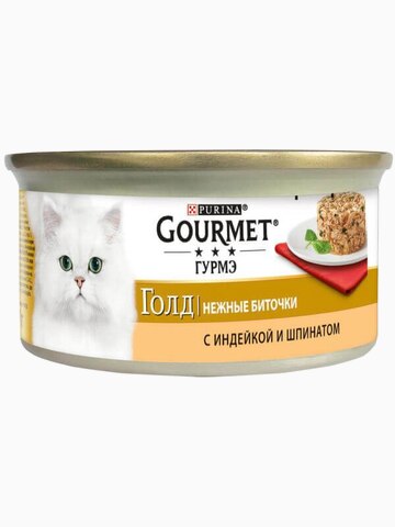 Консервы Gourmet Голд Нежные биточки для кошек, с индейкой и шпинатом, 85 г