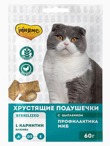 Мнямс лакомство хрустящие подушечки для стерилизованных кошек с цыпленком и клюквой "Профилактика МКБ"