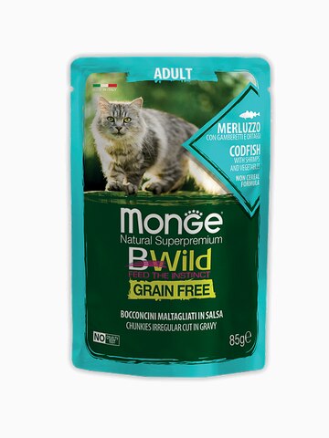 Корм Monge Cat BWild GRAIN FREE из трески с креветками и овощами для взрослых кошек, 85г