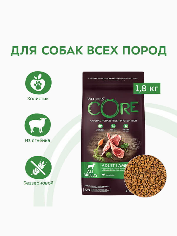 Корм Wellness CORE Lamb для собак всех пород, с ягненком и яблоком, 1.8 кг