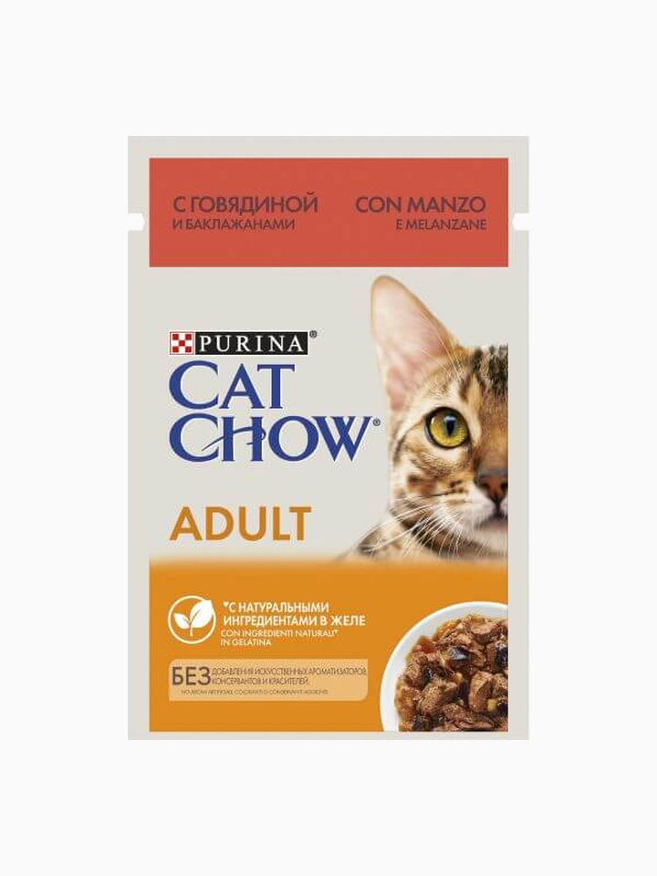 Корм Cat Chow Adult (в желе) для кошек, с говядиной и баклажанами, 85 г