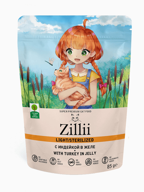 Корм Zillii Light/Sterilized для страдающих лишним весом и стерилизованных кошек, индейка в желе, 85 г