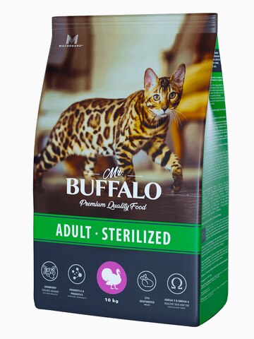 Корм MR.BUFFALO ADULT STERILIZED для взрослых кастрированных котов и стерилизованных кошек с индейкой, 10 кг