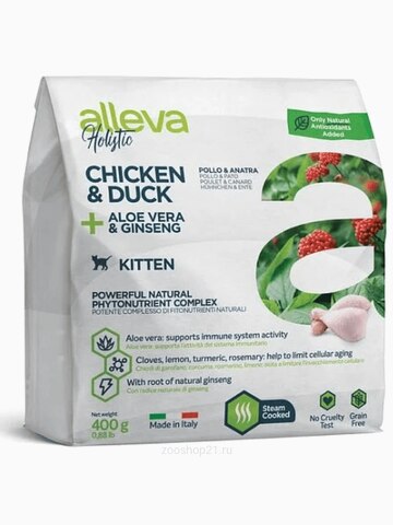 Корм Alleva Holistic Kitten Chicken & Duck для котят и кормящих кошек курица/утка/алоэ вера и женьшень, 400 г