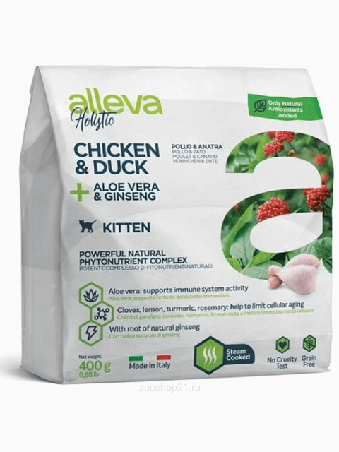 Корм Alleva Holistic Kitten Chicken & Duck для котят и кормящих кошек курица/утка/алоэ вера и женьшень, 400 г