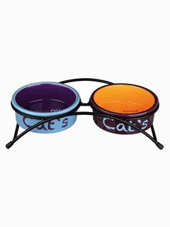 Trixie Миски керамические на подставке, 2х0,3л, 12 см (голубой, оранжевый, фиолетовый), 0,5 кг