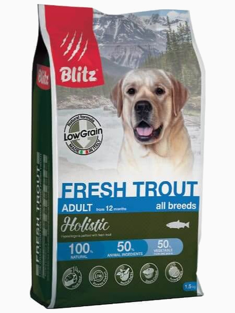 Корм Blitz Holistic Fresh Trout (низкозерновой) для собак свежая форель, 12 кг