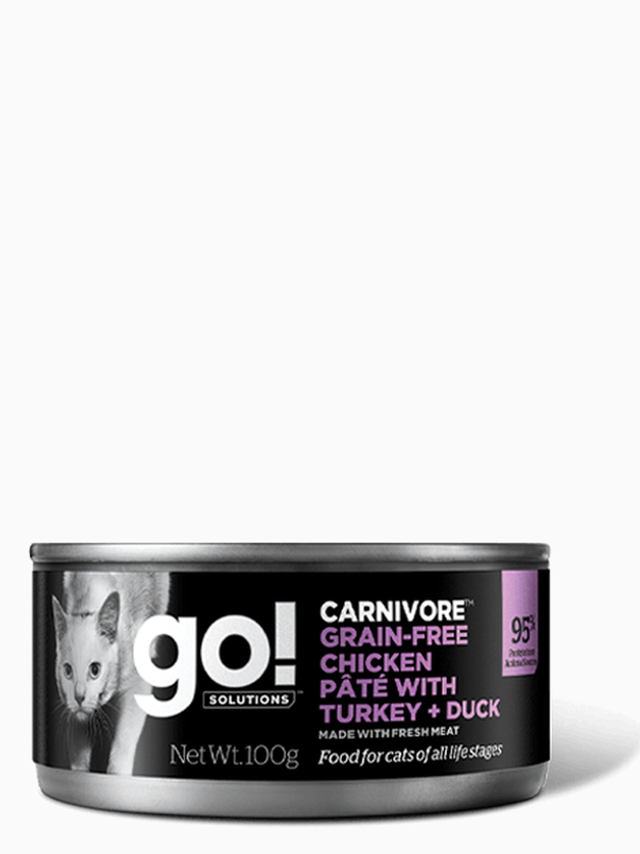 Корм Go! Grain Free Chicken Pate & Turkey + Duck для кошек, беззерновой, с тушеной курицей, индейкой и мясом утки, 100 г