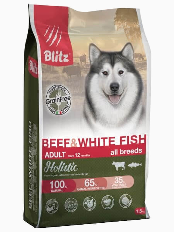 Корм Blitz Holistic Beef & White Fish (беззерновой) для собак говядина и белая рыба, 1.5 кг