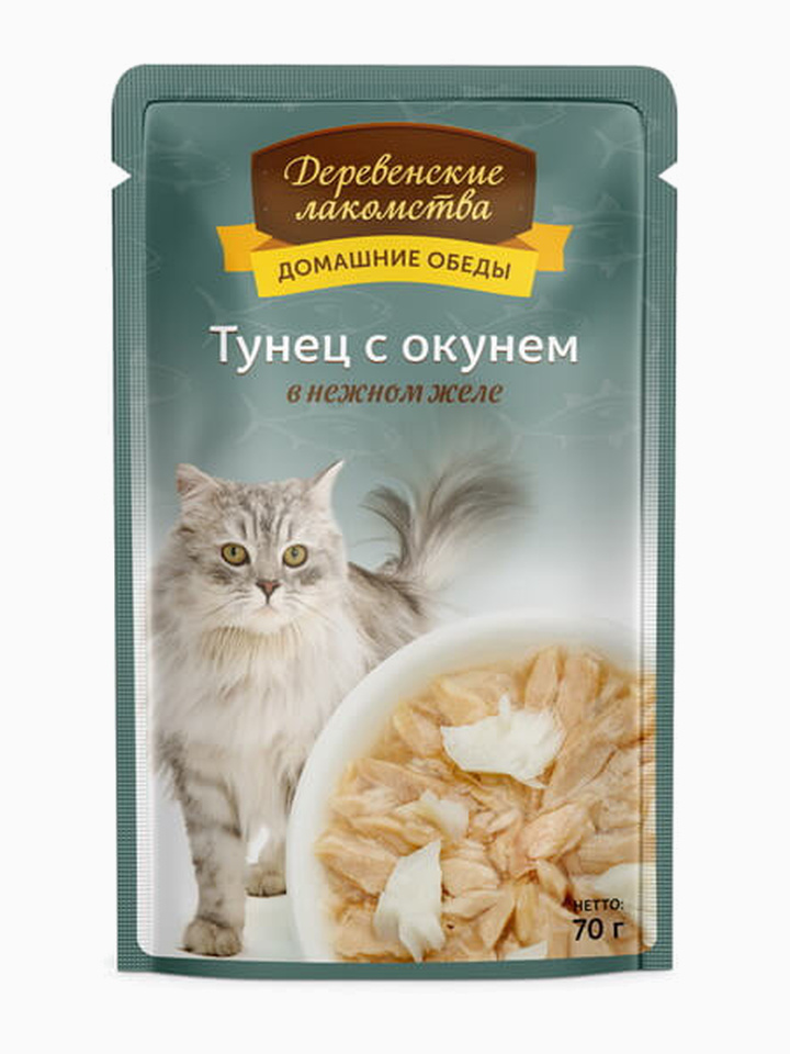 Корм Деревенские лакомства домашние обеды "тунец с окунем в нежном желе" 70 г