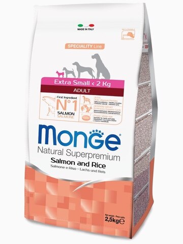 Корм Monge Dog Speciality Extra Small для взрослых собак миниатюрных пород лосось с рисом, 2.5 кг