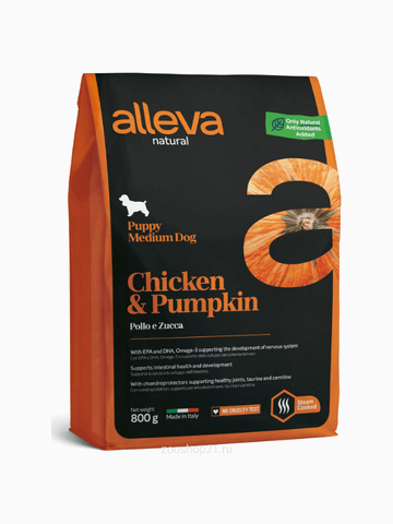 Корм Alleva Natural Puppy Medium Chicken & Pumpkin для щенков средних пород курица и тыква, 800 г