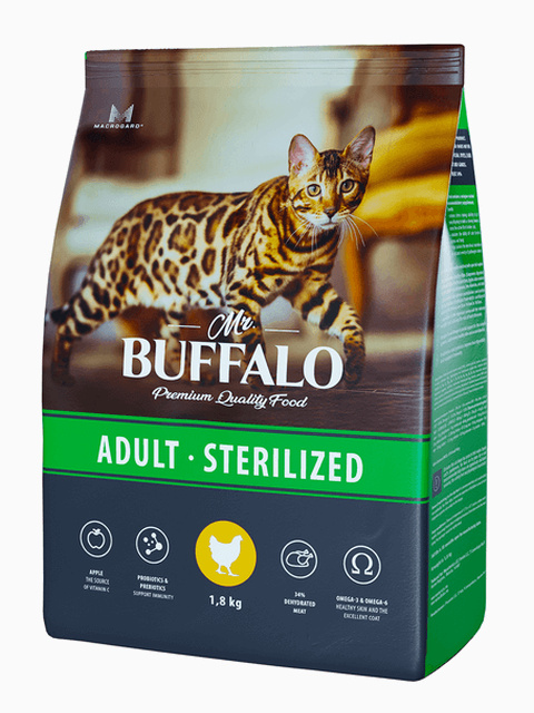 Корм MR.BUFFALO ADULT STERILIZED для взрослых кастрированных котов и стерилизованных кошек с курицей, 1.8 кг