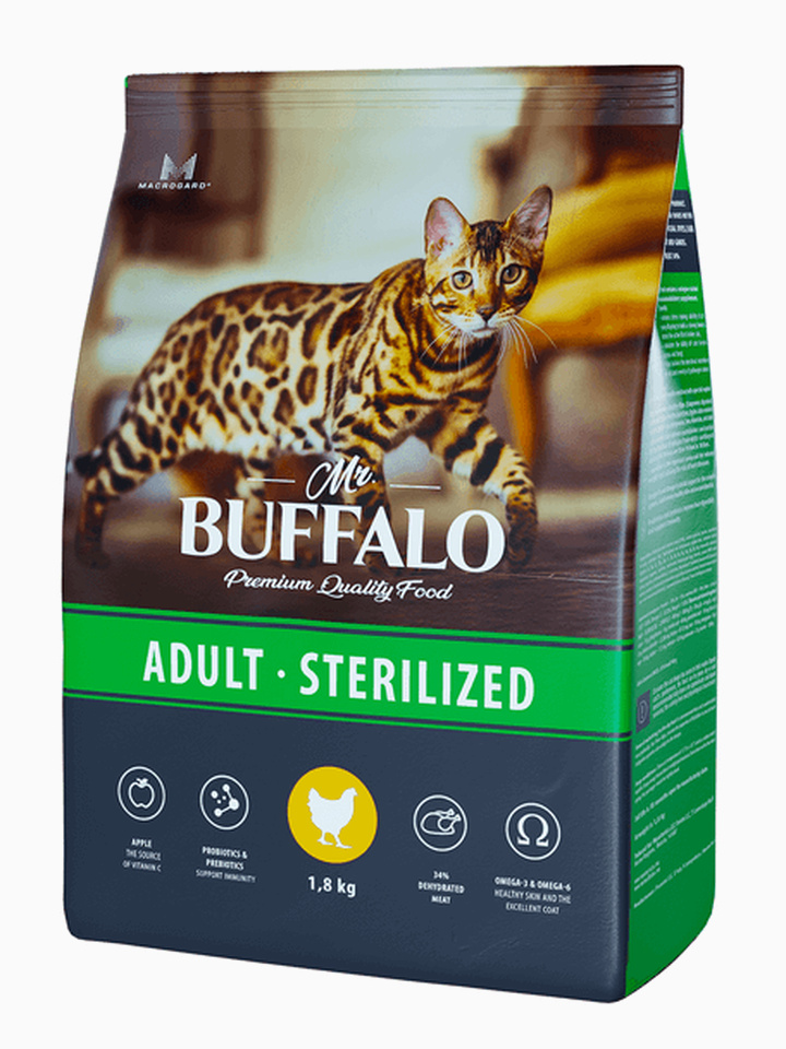 Корм MR.BUFFALO ADULT STERILIZED для взрослых кастрированных котов и стерилизованных кошек с курицей, 1.8 кг