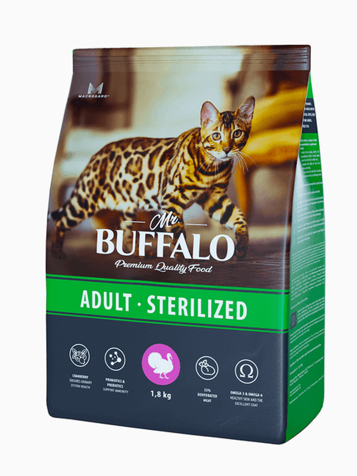 Корм MR.BUFFALO ADULT STERILIZED для взрослых кастрированных котов и стерилизованных кошек с индейкой, 1.8 кг