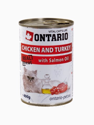 Корм Ontario консервы для кошек: курица и индейка, ONTARIO konzerva Chicken, Turkey,Salmon Oil, 400 г