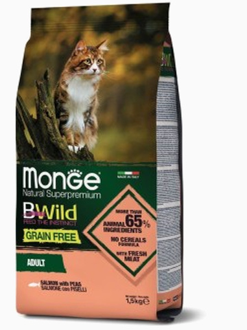 Корм Monge Cat BWild GRAIN FREE беззерновой корм из лосося и гороха для взрослых кошек 1,5 кг