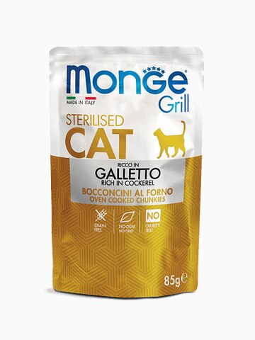 Корм Monge Grill Pouch Sterilised Сockerel для стерилизованных кошек с итальянской курицей, 85 г
