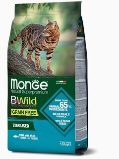 Корм Monge Cat BWild GRAIN FREE беззерновой корм из тунца и гороха для стерилизованных кошек 1,5 кг