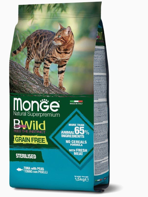 Корм Monge Cat BWild GRAIN FREE беззерновой корм из тунца и гороха для стерилизованных кошек 1,5 кг