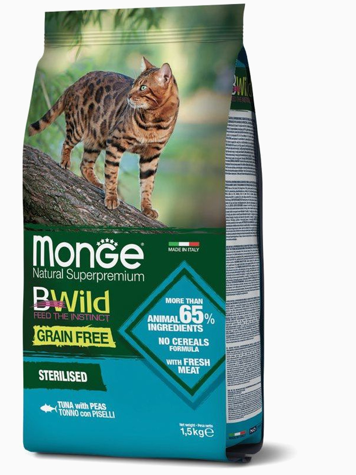 Корм Monge Cat BWild GRAIN FREE беззерновой корм из тунца и гороха для стерилизованных кошек 1,5 кг