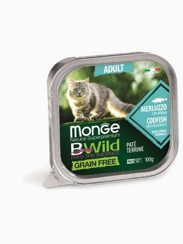 Корм Monge Cat BWild GRAIN FREE беззерновые консервы из трески с овощами для взрослых кошек, 100 г