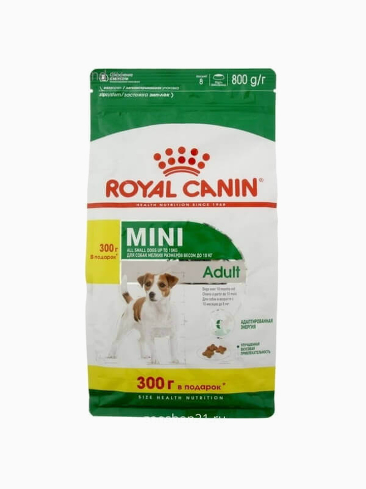 Корм Royal Canin Mini Adult для собак малых пород (до 10 кг) 10 мес. - 8 лет, 500 г + 300 г в ПОДАРОК