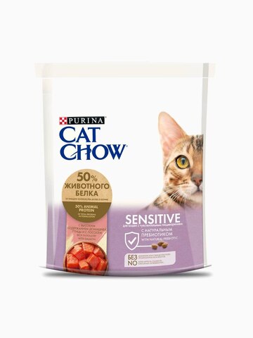 Корм Cat Chow Sensitive для кошек с чувствительным пищеварением с домашней птицей и лососем, 400 г