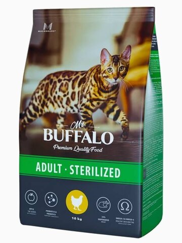 Корм MR.BUFFALO ADULT STERILIZED для взрослых кастрированных котов и стерилизованных кошек с курицей, 10 кг