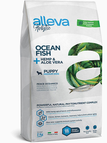 Корм Alleva Holistic Puppy Medium Ocean Fish для щенков средних пород, океаническая рыба, конопля и алое вера, 2 кг