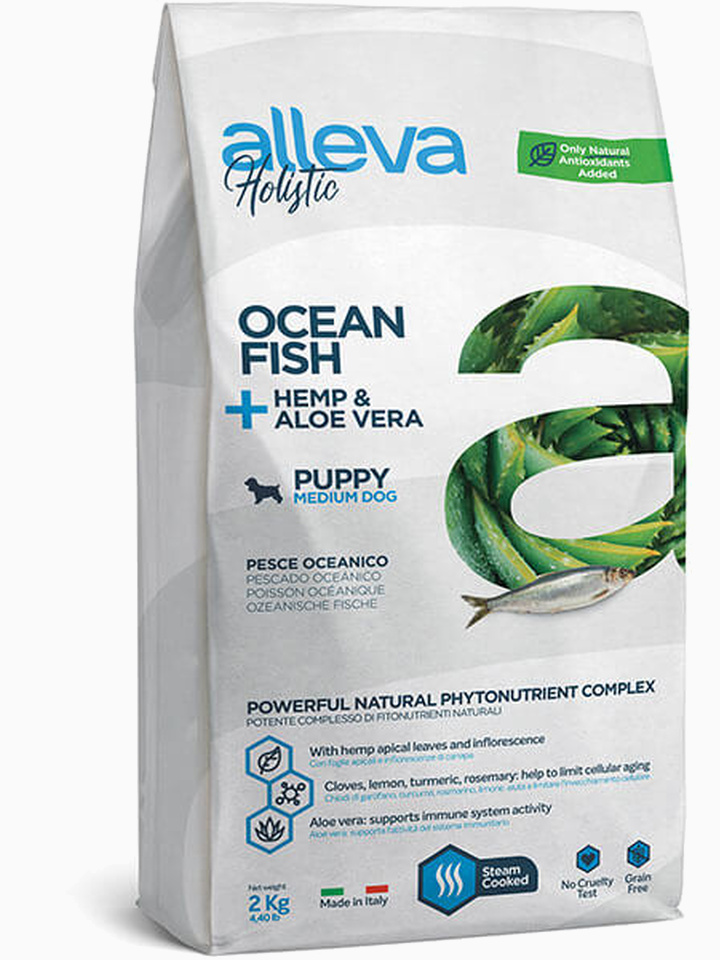Корм Alleva Holistic Puppy Medium Ocean Fish для щенков средних пород, океаническая рыба, конопля и алое вера, 800 г