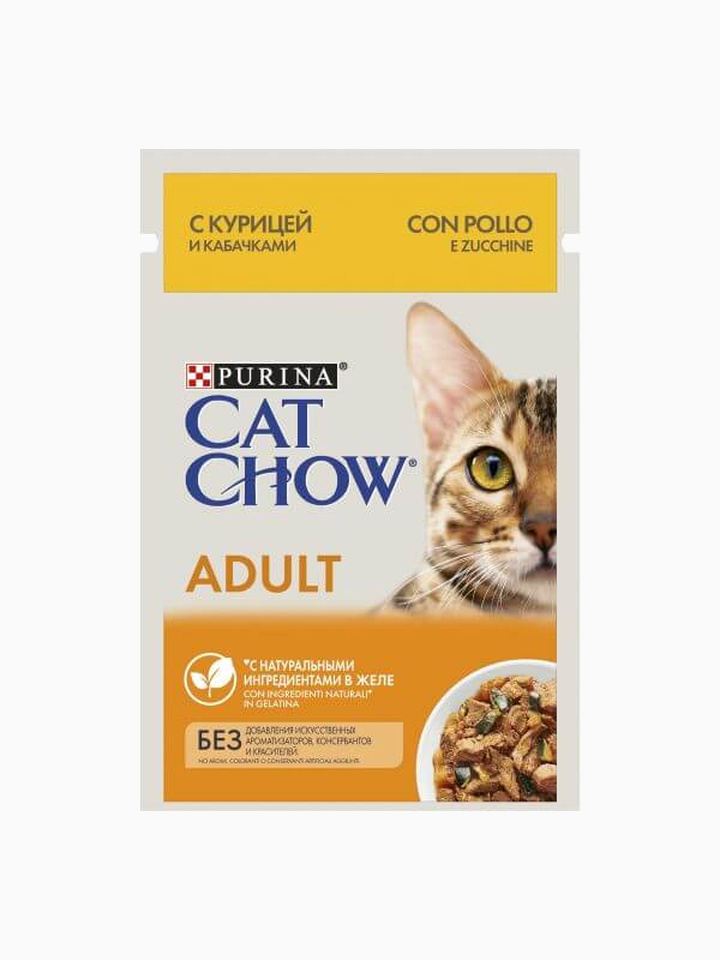 Корм Cat Chow Adult (в желе) для кошек, с курицей и кабачками, 85 г