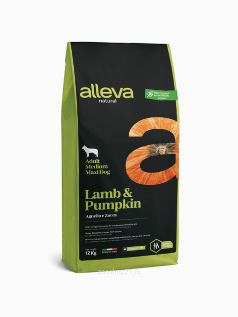 Корм Alleva Natural для собак средних и крупных пород ягненок с тыквой, 12 кг
