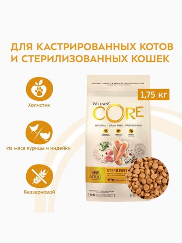 Корм Wellness CORE Sterilised Original для стерилизованных кошек, курица с индейкой, 1.75 кг