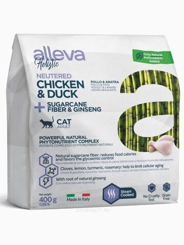 Корм Alleva Holistic Cat Neutered Chicken & Duck для стерилизованных кошек курица/утка/волокна сахарного тростника и женьшень, 400 г