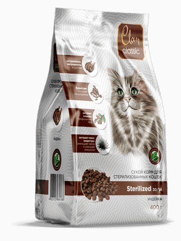 Корм Clan Classic Sterilized 30/14 для стерилизованных кошек, с индейкой, 400 г