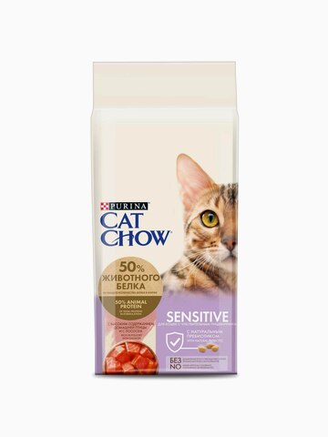 Корм Cat Chow Sensitive для кошек с чувствительным пищеварением с домашней птицей и лососем, 15 кг