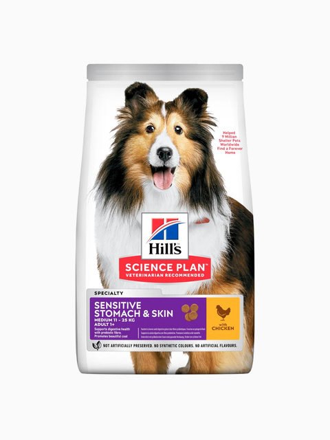 Корм Hill's Science Plan Sensitive Stomach & Skin для взрослых собак для здоровья ЖКТ, курица, 12 кг