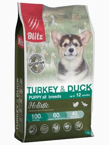 Корм Blitz Holistic Turkey & Duck PUPPY (беззерновой) для щенков индейка и утка, 1.5 кг