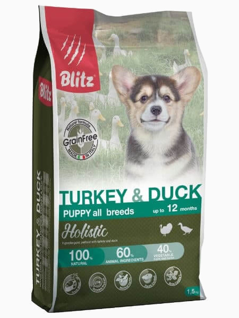 Корм Blitz Holistic Turkey & Duck PUPPY (беззерновой) для щенков индейка и утка, 12 кг