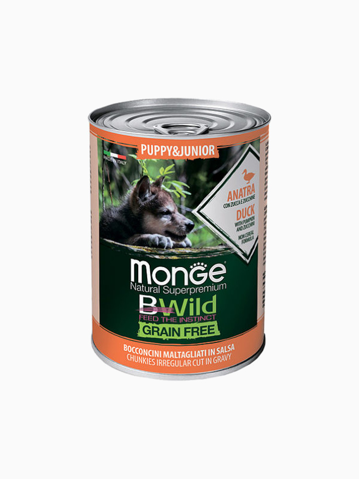 Корм Monge Dog BWild GRAIN FREE Puppy&Junior беззерновые консервы из утки с тыквой и кабачками для щенков всех пород 400г