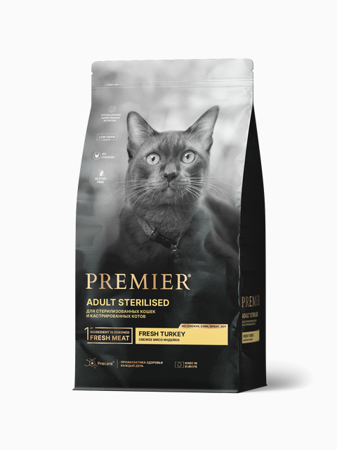 Корм Premier Sterilised Low Grain Turkey (низкозерновой) для стерилизованных кошек, с индейкой, 2 кг