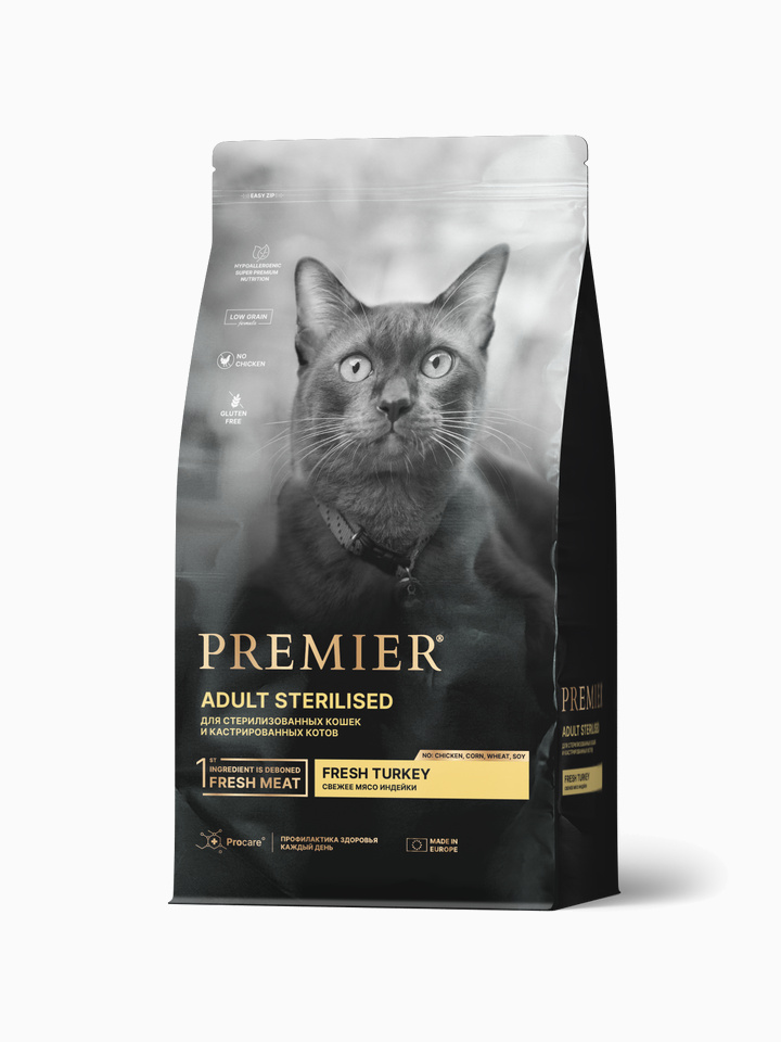 Корм Premier Sterilised Low Grain Turkey (низкозерновой) для стерилизованных кошек, с индейкой, 400 г