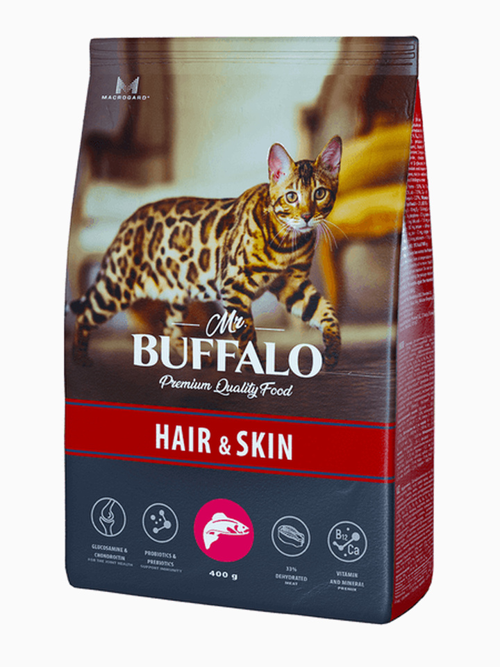 Корм MR.BUFFALO ADULT HAIR & SKIN для взрослых кошек с чувствительной кожей и шерстью с лососем, 400 г