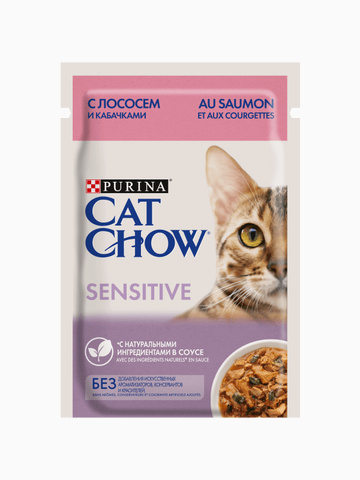 Корм Cat Chow Sensitive (в соусе) для кошек с чувствительным пищеварением, с лососем и кабачками, 85 г